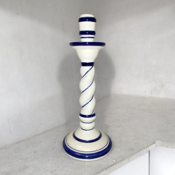 Single Rare Ceramic White and Navy Candle Holder Twisted Signed Portugal *read* - Picture 1 of 6